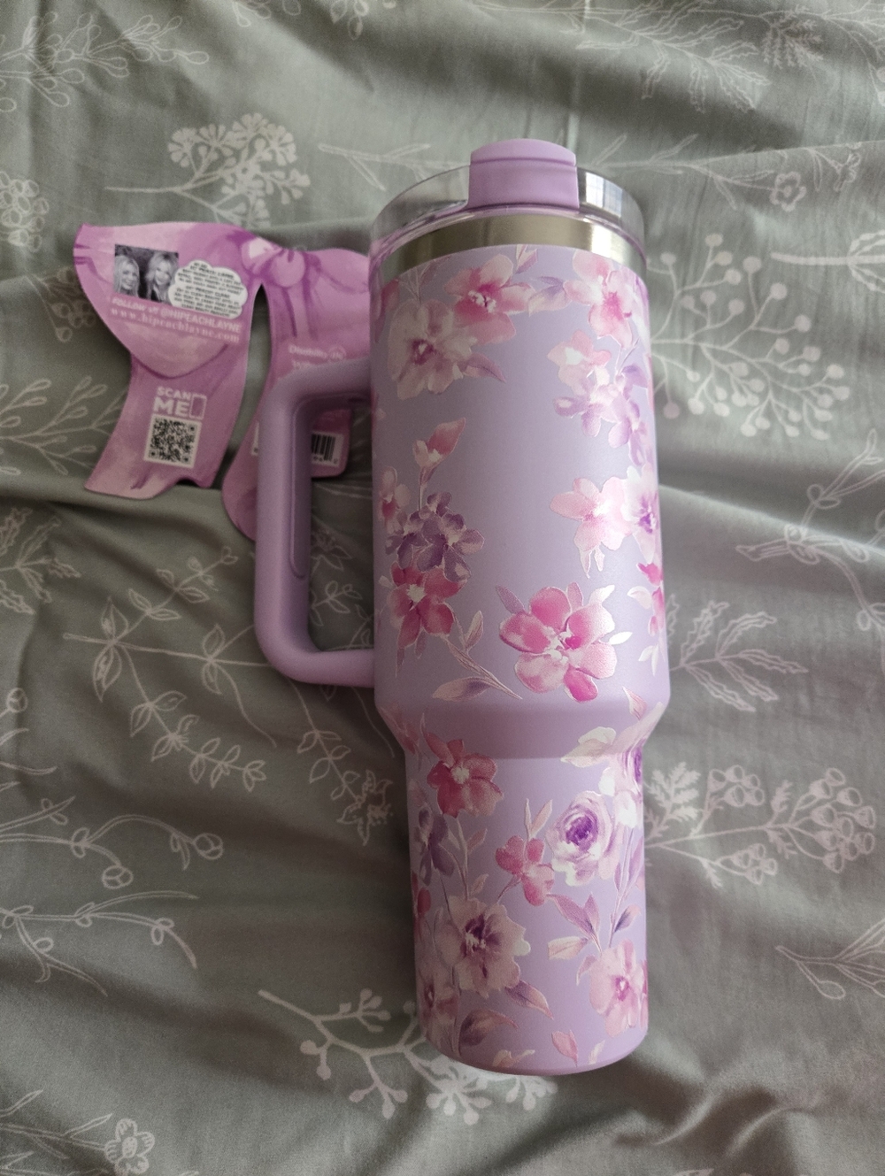 Peach Layne Floral Lavender Insulated Travel Mug W/Handle And Mstching Nail File